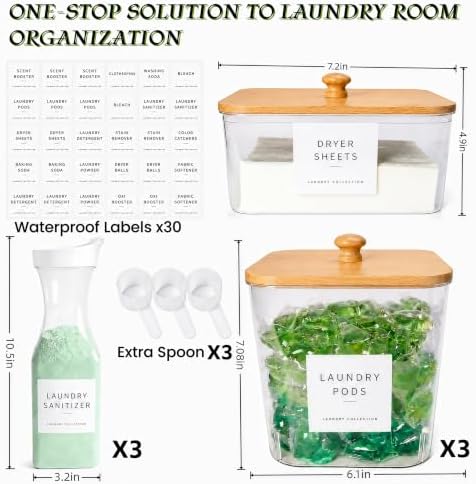 4+3 Pack Laundry Pods Containers & Dryer Sheet Holder & Laundry Detergent Dispenser, Laundry Room Organization and Storage Jars with Lids, Labels and Scoops for Scent Booster, Powder, Pods - Image 2
