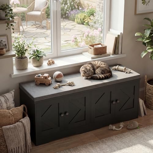 Apicizon Storage Bench with Seat Cushion, 2 Tier Entryway Bench with 4 Barn Doors, Adjustable Shelves, 47.36" Shoe Bench for Entryway Hallway Bedroom Living Room, Black - Image 3