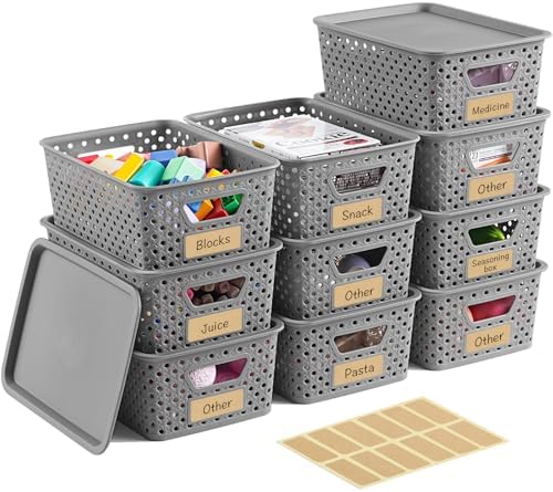 10 Pack Small Plastic Storage Bins with Lids, Stackable Plastic Storage Baskets for Organizing with Handles, Organizer Bins with Labels for Room,Craft,Containers for Pantry Organizers and Storage,Grey by Unknown