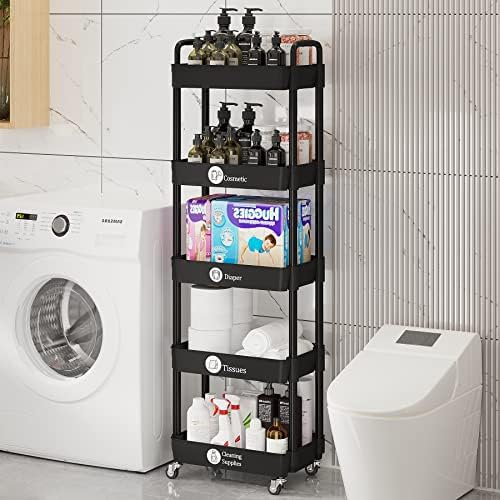 5 Tier Rolling Cart with Wheels,Utility Storage Carts,Black - Image 5