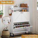 Wodeer White Shoe Storage Cabinet with 2 Flip Drawers, Narrow Wood Shoe Cabinet Storage for Entryway with Metal Legs & Hooks, Adjustable Shelves, Freestanding Shoe Rack Organizer for Foyer, Hallway - Image 7