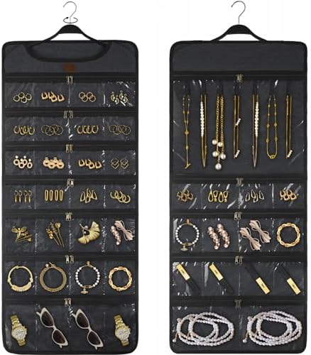 SMRITI Hanging Jewelry Organizer with Dual Zippered Pockets Canvas Double Sided Rotating Hanger Necklace Hanging Wall Organizer Earring Dustproof Holder Wall Mount Accessories Display Bag(Dark Grey) by SMRITI