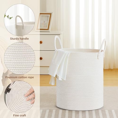 53L Tall Cotton Rope Laundry Basket with Handles, White - Image 3