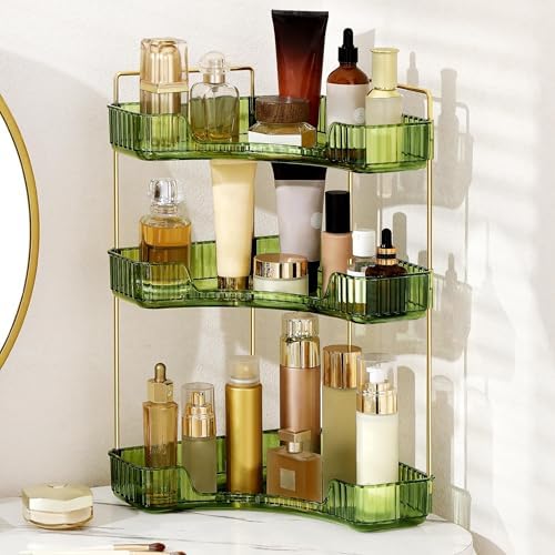 Corner Bathroom Counter Organizer Bathroom Countertop Shelf Makeup Organizer for Vanity Perfume Tray for Corner Storage (3 Tiers, Green) by Weidace