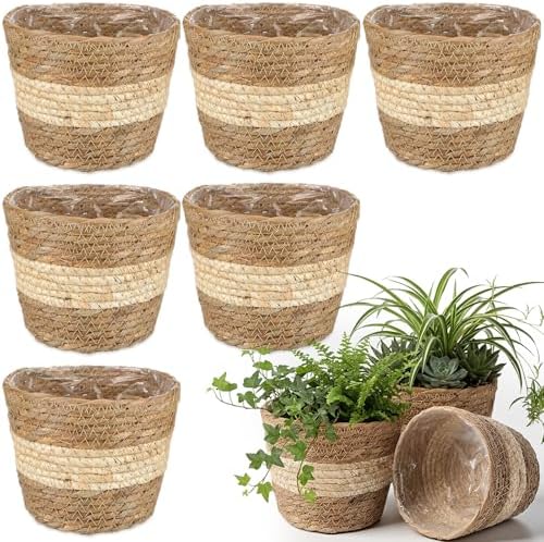 AceOrbit 6 Pcs Wicker Plant Basket Bulk with Liners Woven Planter Baskets Bulk for Indoor Outdoor Seagrass Plants Woven Wicker Baskets for Flower Pots Cover and Room Decor (Small,Bohemian) by Unknown