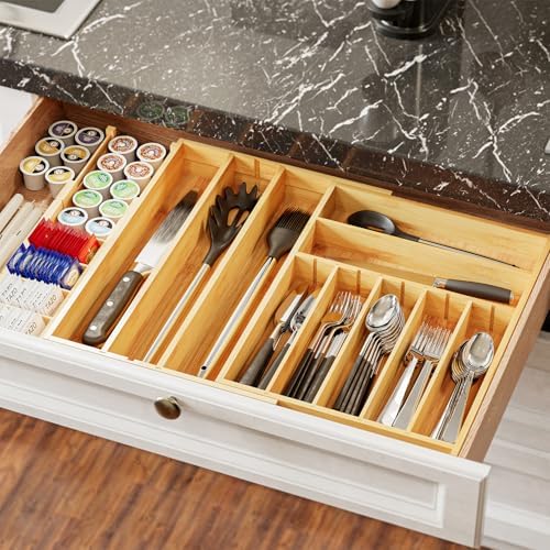 SpaceAid 2.5" High Bamboo Silverware Drawer Organizer with Labels, Kitchen Utensil Expandable Tray Holder for Flatware, Cutlery, Spoon and Knives Drawer Storage Organization (Natural) - Image 6