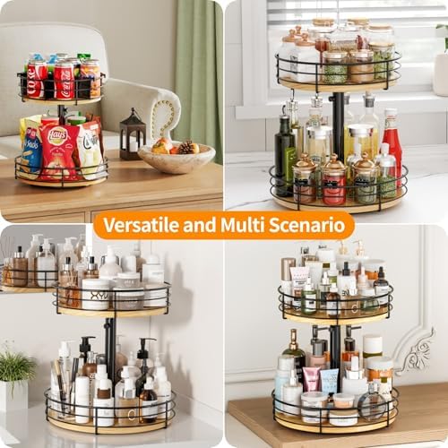 2 Tier Lazy Susan with Adjustable Height and Metal Divider Design, Black - Image 5