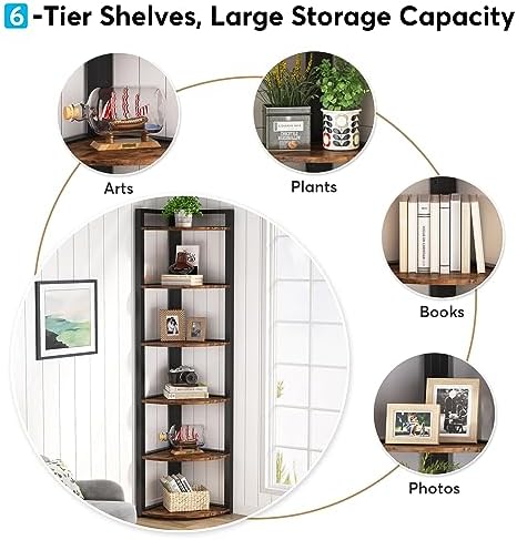 Tribesigns 6 Tier Corner Shelf, 70.9 Inch Tall Corner Bookshelf Small Bookcase Rustic Corner Shelving Unit Storage Rack for Living Room, Home Office, Kitchen, Small Space - Image 6