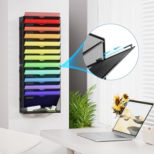 Marbrasse Wall File Holder 13-Tier Hanging Wall File Organizer, for Papers, Files Clipboard & Magazine Organizer, Wall Mount File Holder Great for Office Home (Black) - Image 5