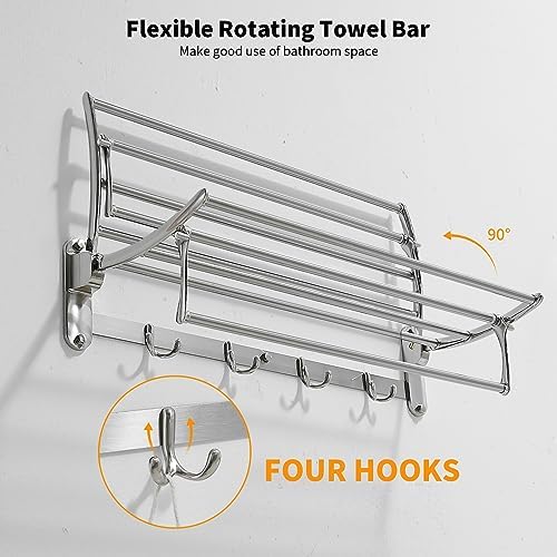 BESy Towel Racks with Foldable Towel Bar Hooks Wall Mounted Brushed Nickel - Image 5