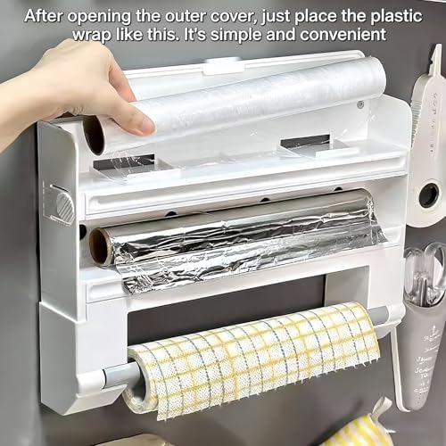 6-in-1 Wall Mounted Plastic Wrap&Foil Dispenser with Cutter–PP Kitchen Organizer w/Paper Towel, Tape, Bag&Small Tray, No Drill/Screw Mount White-Aluminum Foil Rack Organizer&Organizer Foil Cling Wrap - Image 5