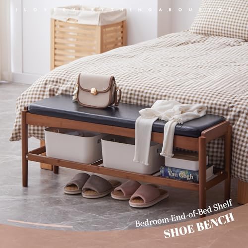 STDDRE Shoe Rack Bench Entryway Bamboo Shoe Storage Bench with Leather Cushion 2 Tiers Shoe Rack Entryway Bench for Hallway, Living Room,Bedroom(Black Bench top+Brown Frame) - Image 6