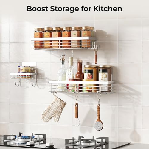 Orimade Adhesive Shower Caddy Soap Dish Holder Shelf with 5 Hooks Bathroom Organizer Basket Kitchen Storage Rack Wall Mounted No Drilling Stainless Steel - 3 Pack,Silver - Image 6