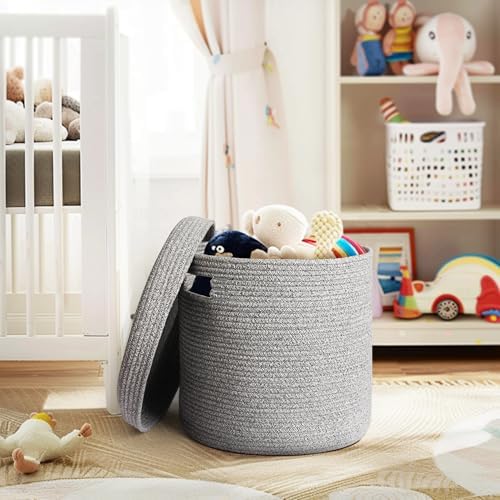 Storage Basket with Lid, Woven Blanket Storage for Living Room, Soft Cotton Rope Bin with Lid, Round Wicker Laundry Basket with Cover, Lidded Kid Dog Toy Box, Nursery Organizer, 15"x13", Gray - Image 5