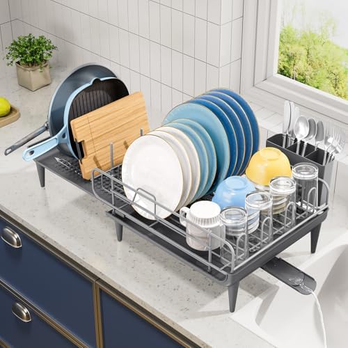 TOOLF Large Dish Rack for Kitchen Counter,16.7-26.8in,Stainless Steel,Grey - Image 2