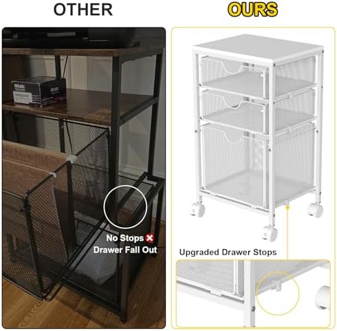 BOHDK Rolling File Cart with 3 Storage Drawers, Wood & Mesh Hanging File Folder Organizer with Wheels Under Desk, File Cabinets for Home Office, 11.81" D x 14.8" W x 25.39" H, White - Image 6