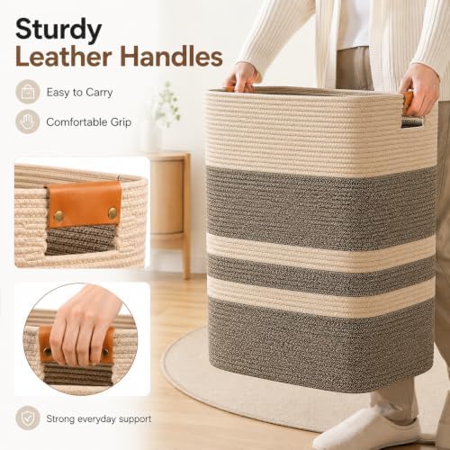 Laundry Hamper, Cotton Rope Laundry Basket with Leather Handles, 22.5-Gallon/85 L Large Clothes Hampers for Laundry, Woven Laundry Baskets for Blankets, Clothing, Bedroom, Living Room, Nursery - Image 3