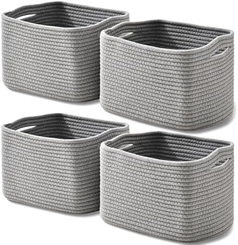 ICERZCZ Small Storage Baskets for Shelves Organizing, Woven Cotton Rope Baskets for Storage, Book Basket, Decorative Shelf Basket, 12.5"Lx9.1''Wx7.9''H (4 Packs) Grey by ICERZCZ