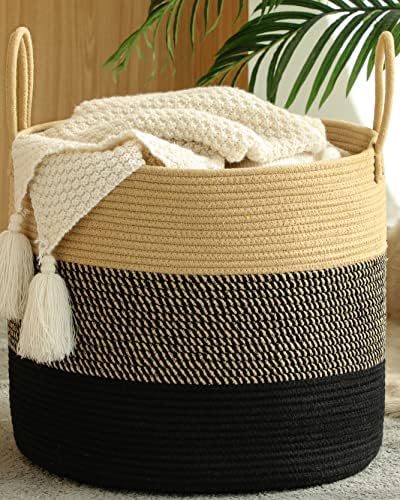 KAKAMAY Large Blanket Basket (18"x18"x16"),Woven Baby Laundry Hamper for Storage, Cotton Rope Blankets Baskets for Nursery, Laundry, Living Room, Pillows, Baby Toy Chest with Handles (Black) by KAKAMAY