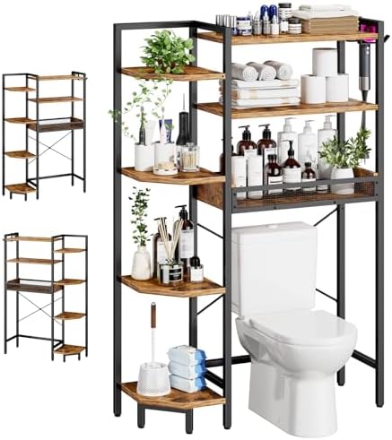 K1 Heavy Duty 7-Tier Over The Toilet Storage（With Basket and Paper Hook）Freestanding Above Toilet Shelf with Adjustable Feet，Space Saver Bathroom Shelves 9.3"D x 33.5"W x 63.8"H，Rustic Brown by Roxibelt