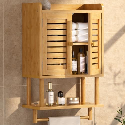 AmazerBath Bathroom Wall Cabinet, Bamboo Over The Toilet Storage Cabinet, Hanging Medicine Cabinets with Towel Bar, Wall Mounted Storage Shelf with Adjustable Shelves for Small Spaces by AmazerBath