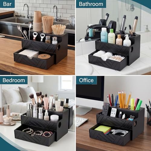 Black Hair Tool Organizer with Drawer, Hair Brush Storage for Bathroom and Vanity Countertop, Fits Blow Dryer, Curling Iron, Makeup Brushes, Skincare, Hot Tools Organizer for a Tidy Counter - Image 5