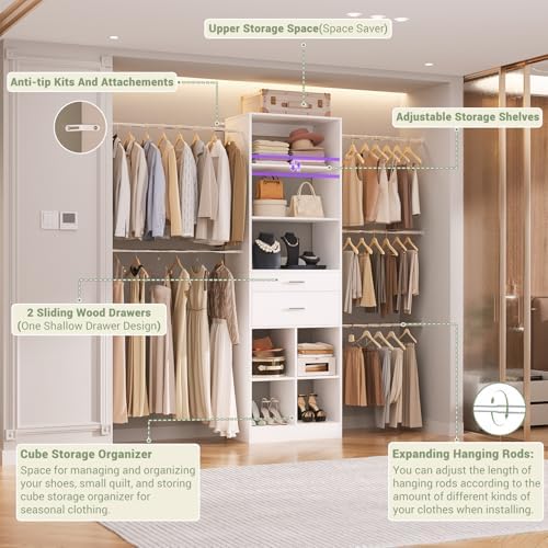 Besiost Closet System, 4-8 FT Closet Organizer Tower with 2 Wooden Drawers and 5 Hanging Rods, Can Fit 60 to 96 inch Walk-in Closet System, White - Image 4