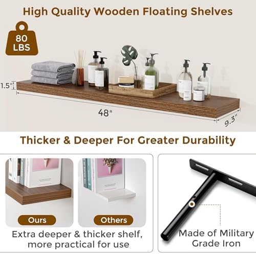 Floating Shelves for Wall, 48 inch Walnut Extra Long Wall Shelves - Image 3