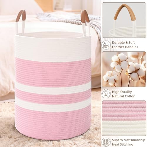 Large Laundry Basket, Laundry Hamper with Leather Handles, 90L Woven Dirty Clothes Hamper, Rope Hampers for Bedroom, Barthroom, Pink - Image 5