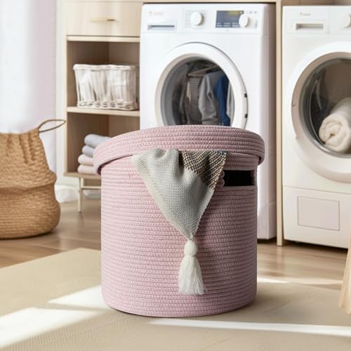 Storage Basket with Lid, Woven Blanket Storage for Living Room, Soft Cotton Rope Bin with Lid, Round Wicker Laundry Basket with Cover, Lidded Kid Dog Toy Box, Nursery Organizer, 15"x13", Pink - Image 4
