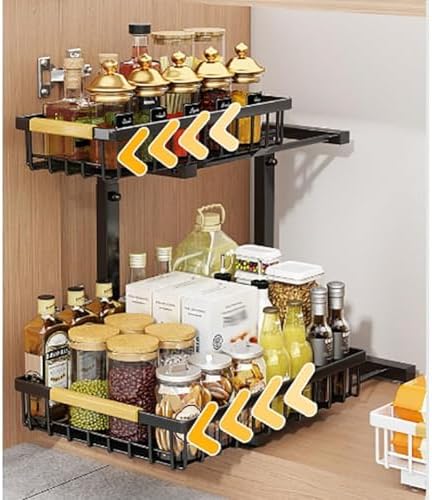 GarveeLife Under Sink Organizer, L-Shape Pull-Out 2-Tier Carbon Steel Storage Organizer with Suction Cups - Space-Saving Cabinet Rack for Kitchen & Bathroom - Easy Access Sliding Design -Black - Image 5