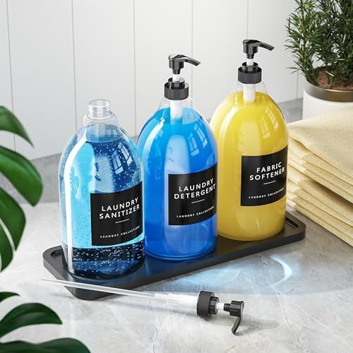 Moforoco 3 Pack Black Liquid Laundry Detergent Dispenser with Bamboo Tray, 64 Oz Plastic Laundry Soap Dispenser, Fabric Softener Dispenser with Pump and Labels for Laundry Room Decor and Organization - Image 2