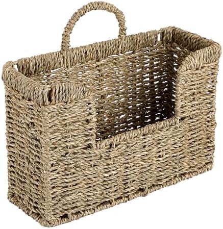 BTSKY Woven Hanging Magazine Holder, Seagrass Magazine Basket, Wall Mounted Storage Basket for Books & Files, Wall File Organizer Magazine Rack with Handle for Home & Office - 12x4.3x7.9 Inch by BTSKY