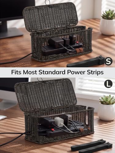 Cable Management Box, Cord Organizer with Lid & Cable Ties - Black, L - Image 4