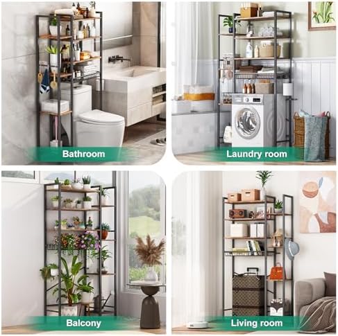 Kalrin 8-Tier Over The Toilet Storage with Side Rack, Over Toilet Storage Rack with Adjustable Shelf & Drain Basket, Freestanding Bathroom Organizer for Balcony, Laundry (Vintage Brown) - Image 6