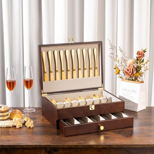 Silverware Storage Box, 2-Layer Flatware Storage Case with Drawer, Wooden Silverware Chest with Linen Liner, Rustic Silverware Case for Storing Fine Flatware and Utensils (Walnut) - Image 2