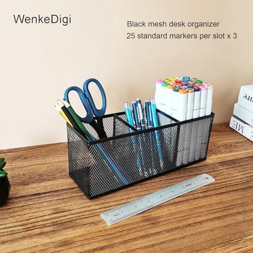 2-Pack Metal Mesh Pencil Holder, Spacious 3-Compartment Desk Organizer for Pens, Makeup Brushes, Utensils, Desktop Storage for Home, Office, School, Kitchen, 10.43x3.35x4.04 Inch, Black - Image 2