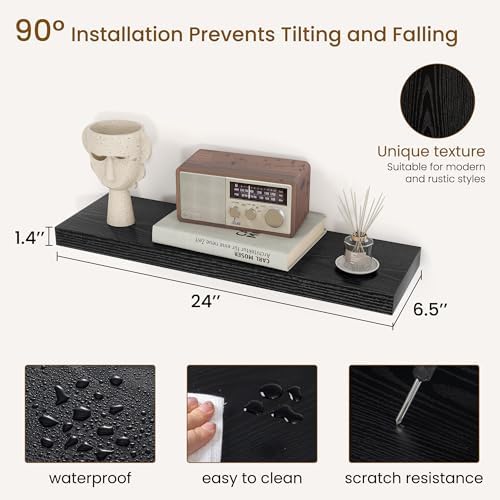 Dreamland 24 Inch Floating Shelves, 6.7" Deep Wall Shelves, Black, Set of 3 - Image 3
