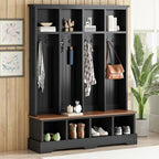 Merax Farmhouse Hall Tree with Bench and Shoe Storage, 59" Entryway Bench with Coat Rack, 3-in-1 Hall Tree with Top Compartments and 8 Hooks for Hallway, Living Room, Black by Merax