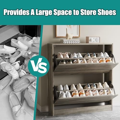 Xixini Shoe Storage Cabinet for Entryway with 2 Flip Drawers, Sturdy Wood Hidden Shoe Storage, Freestanding Narrow Slim Shoe Organizer for Front Door Entrance, Living Room, Hallway, Bedroom, Grey - Image 5