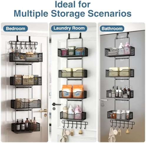Over The Door Organizer with 4 Adjustable Baskets & Coat Hook, Metal Large Capacity Hanging Door Storage for Bathroom, Bedroom, Kitchen, Pantry & Closet, Black - Image 6