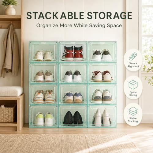 Stackable Clear Green Shoe Boxes 6 Pack with Magnetic Door, Drop Front Sneaker Storage Organizer for Closet, Large Transparent Plastic Shoe Storage Containers - Image 6