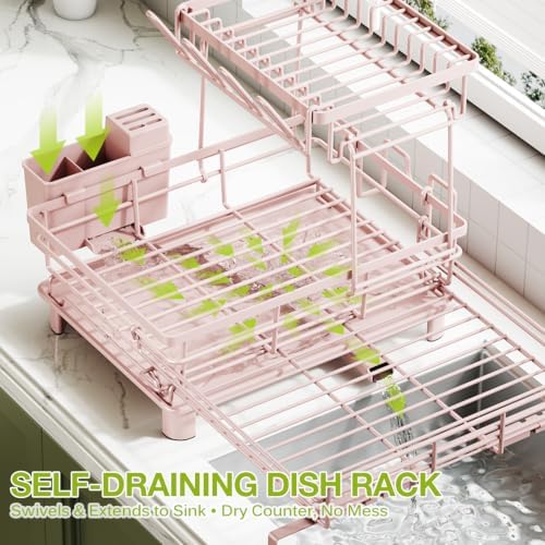 2-Tier Expandable Dish Drying Rack, Kitchen Counter Pink - Image 2