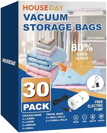 HOUSE DAY 30 Pack Vacuum Storage Bags with Electric Pump, 4 Sizes + 2 Roll-Up (5 Each), Space Saver Vacuum Seal Bags for Clothing, Bedding, Pillows, Travel – Airtight Seal, Reusable & Durable by HOUSEDAY