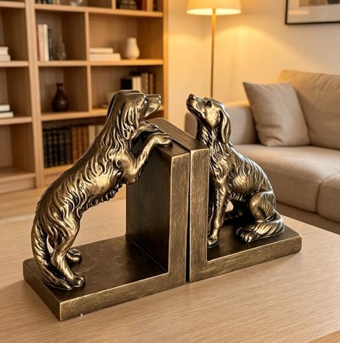 1 Pair Dog Bookends for Shelves, Retro Gold Resin Bookends for Heavy Books, Home Office Desk Decor, Golden Retriever Book Ends (Retro Gold Dog 02) - Image 3