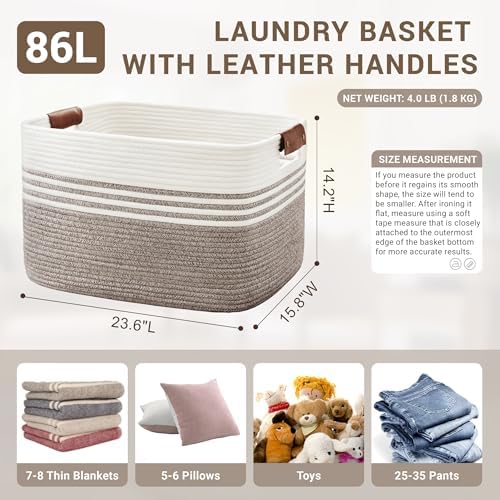 86L Woven Laundry Basket Hamper with Leather Handles,Dark Brown - Image 2