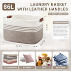 86L Woven Laundry Basket Hamper with Leather Handles,Dark Brown - Image 2