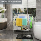 HavenlyYouth 3 Tier Free Standing Towel Rack, Pool Towel Rack with Metal Shelf for Outside, Blanket Drying Holder for Display and Storage in Bathroom, 35.8" H x 31.5" L x 11.8" W, White - Image 2