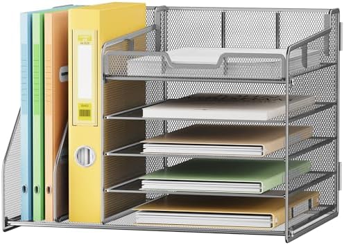 Lavatino 5-Tier Metal Mesh Desk Organizer with 2 File Holders & 7 Customizable Compartments | Paper Letter Tray for Office or Home Desk Storage | Keep Workspace Supplies Neat & Organized, Silver - Image 2