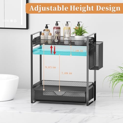 VITVITI 2 Tier Bathroom Organizer Countertop with Drawer, Metal Mesh Bathroom Counter Vanity Organizer Storage, Bath Room Sink Kitchen Spice Rack with Basket Hooks, Black - Image 3